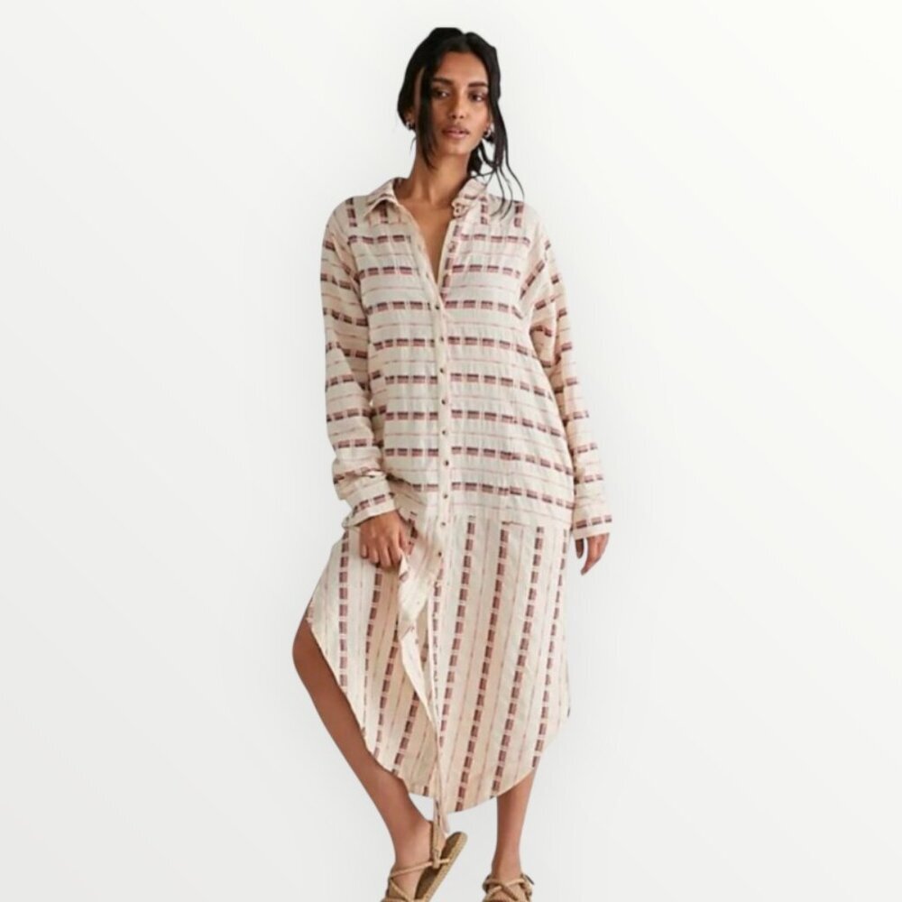Free People Rainbow Shores Textured Maxi Dress Top Duster Button Down Tunic